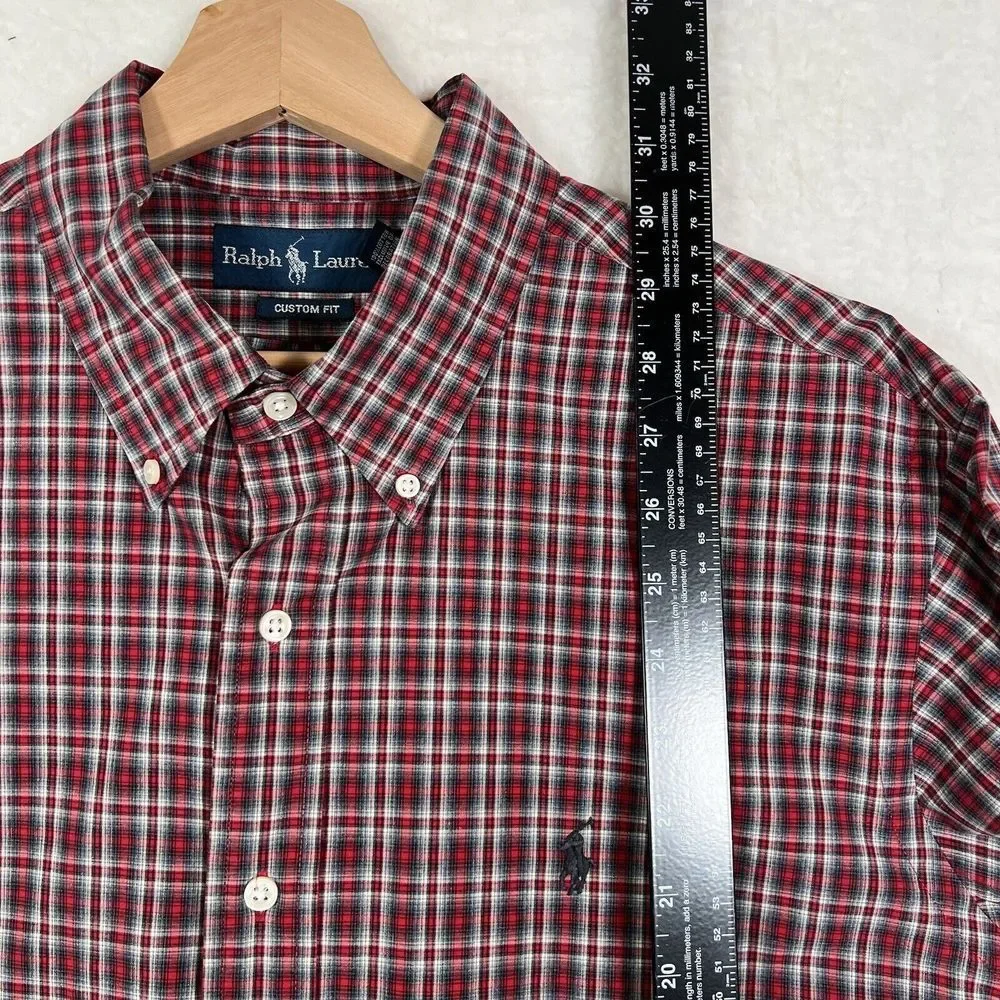 Ralph Lauren Men's Custom Fit Red Long Sleeve Button Down Plaid Shirt Size XL‎